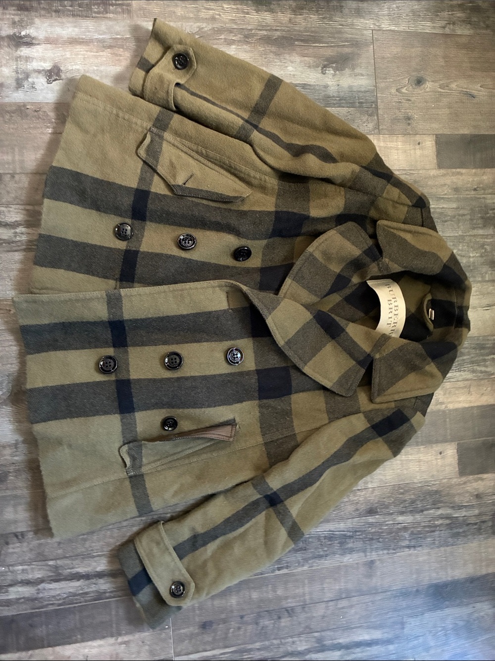 Burberry Olive and Black Plaid Double-Breasted Peacoat